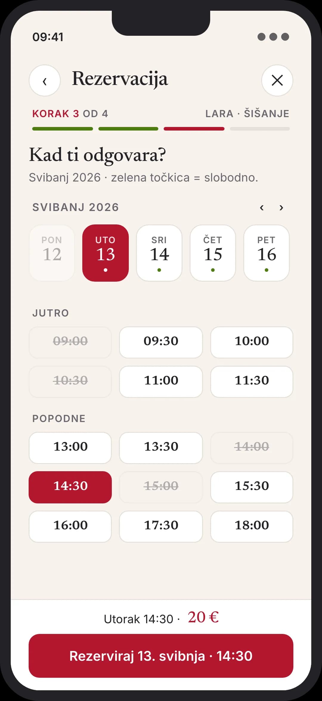 Klijent bira termin u aplikaciji za rezervaciju