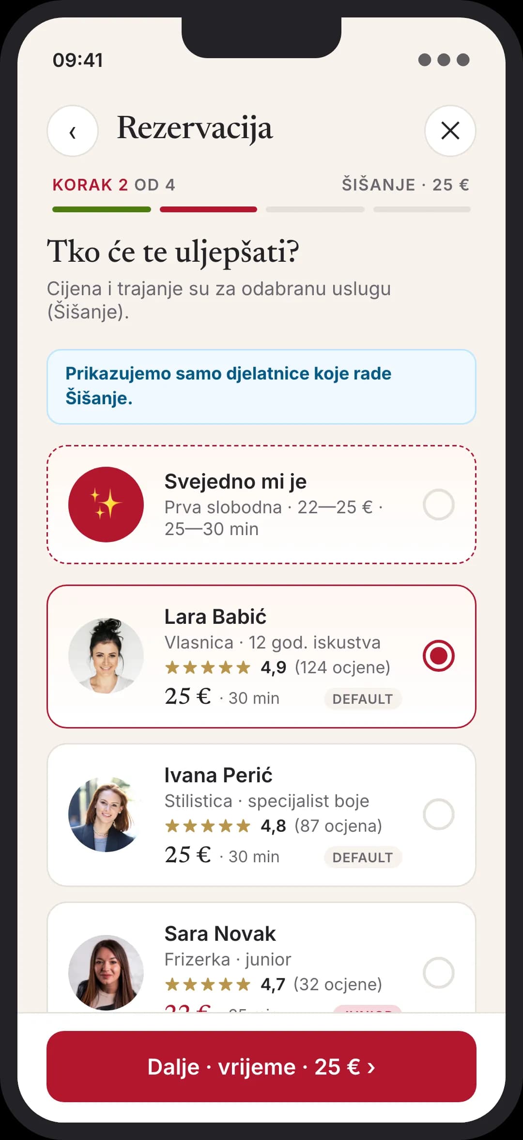 Klijent bira djelatnicu u aplikaciji za rezervaciju
